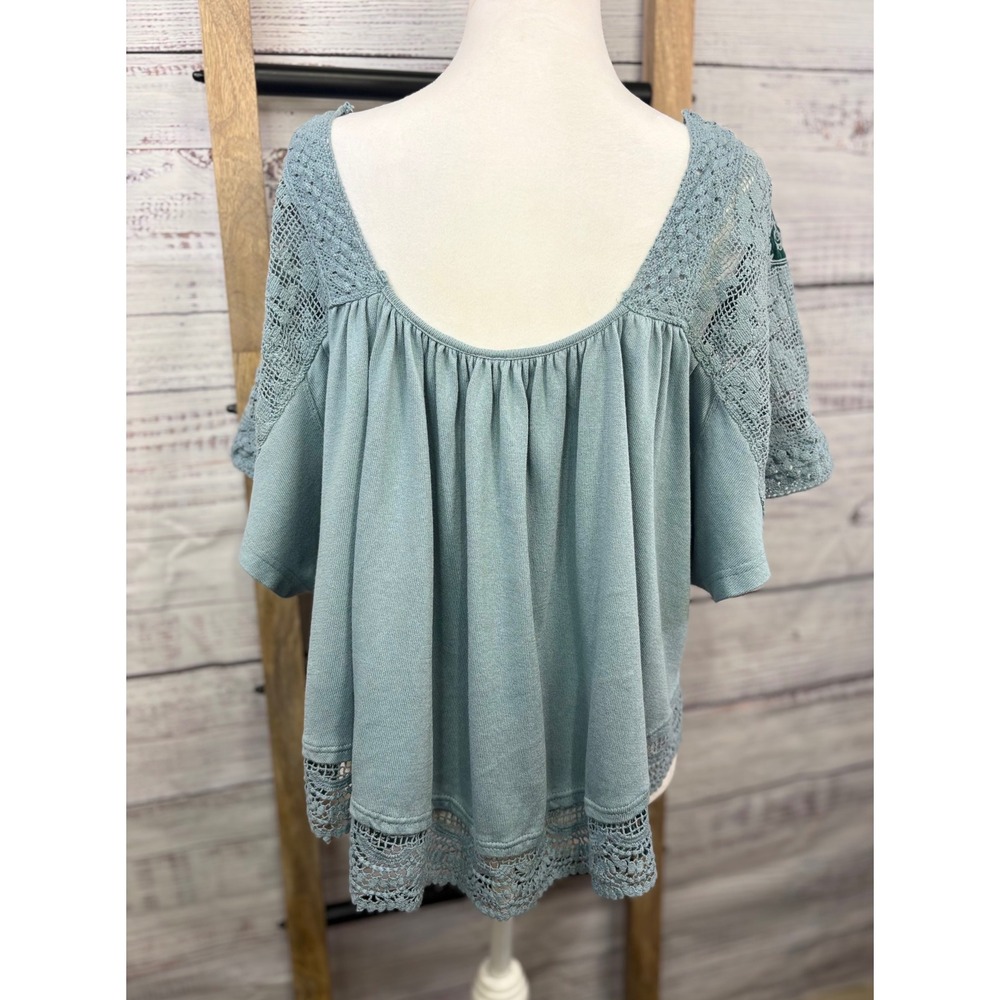 🪷 Free People Boho Crochet Lace Embroidered Prairie Days Top Blue/Green Medium 🪷 - Picture 12 of 13